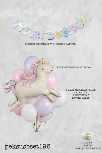 Unicorn Tema Doğum Günü Balon Seti Retro Unicorn Balon ve Bannerlı Set - 2
