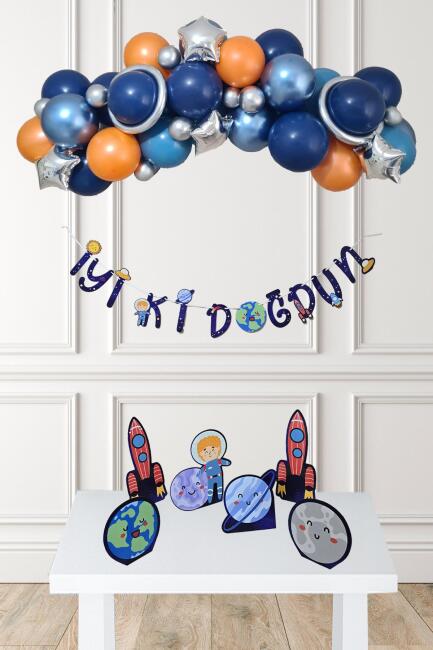 Uzay Konsept Bannerlı Masa Üstü Pano Setli Doğum Günü Balon Zinciri Seti - 1