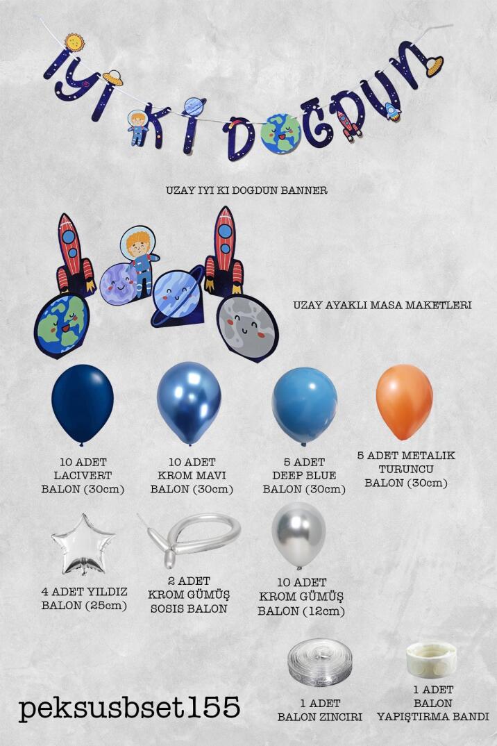 Uzay Konsept Bannerlı Masa Üstü Pano Setli Doğum Günü Balon Zinciri Seti - 2