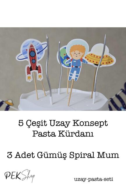 Uzay Konsept Pasta Süsleri Seti Pasta Mumu ve Pasta Kürdanları Süsleme Seti 8 Parça - 2