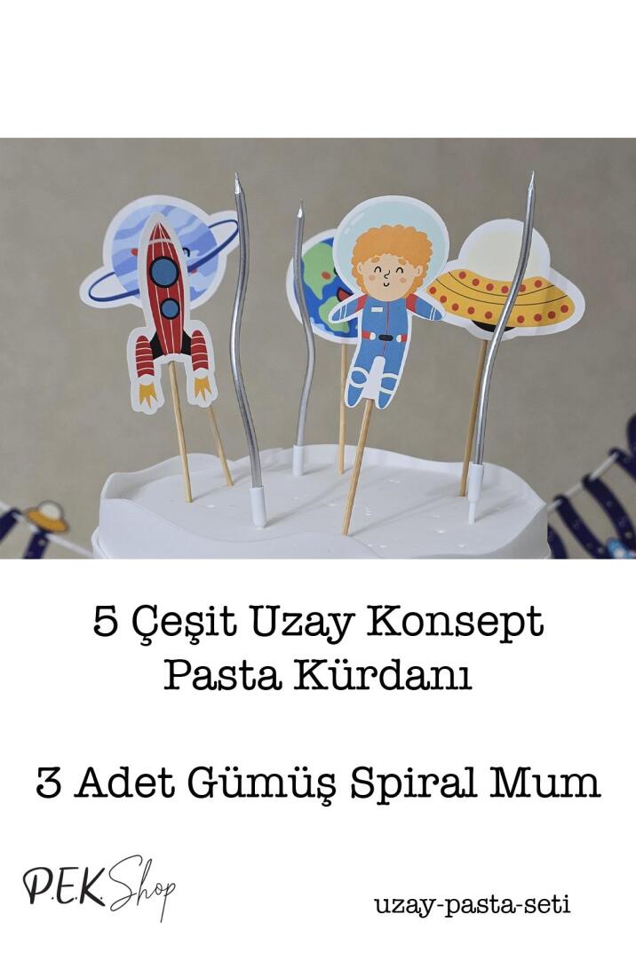 Uzay Konsept Pasta Süsleri Seti Pasta Mumu ve Pasta Kürdanları Süsleme Seti 8 Parça - 2