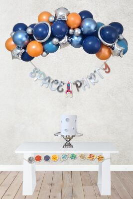 Uzay Tema Doğum Günü Bannerlı Balon Zinciri Seti Uzay Gezegen Balon Zinciri