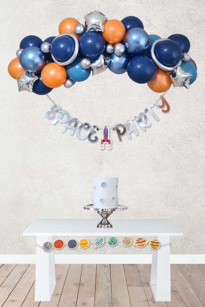Uzay Tema Doğum Günü Bannerlı Balon Zinciri Seti Uzay Gezegen Balon Zinciri - 1
