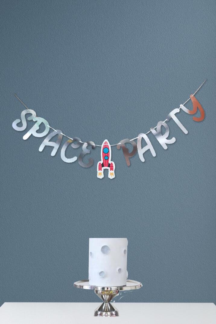 Uzay Tema Doğum Günü Space Party Metalize Gümüş Banner Kalın Kart Uzun Banner - 1