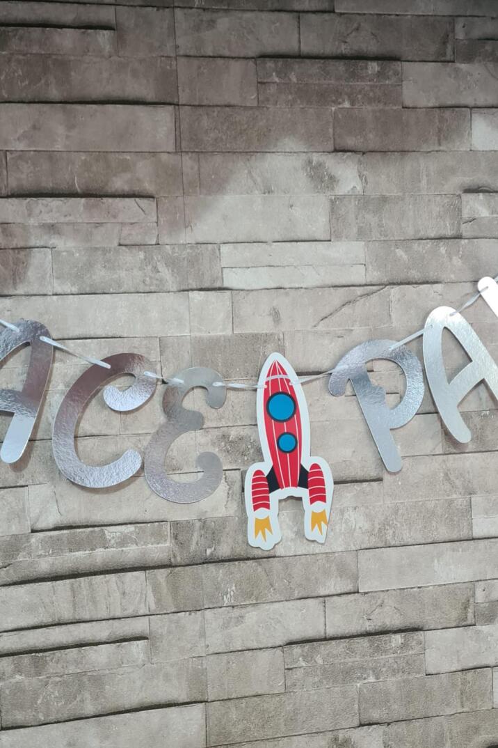 Uzay Tema Doğum Günü Space Party Metalize Gümüş Banner Kalın Kart Uzun Banner - 2