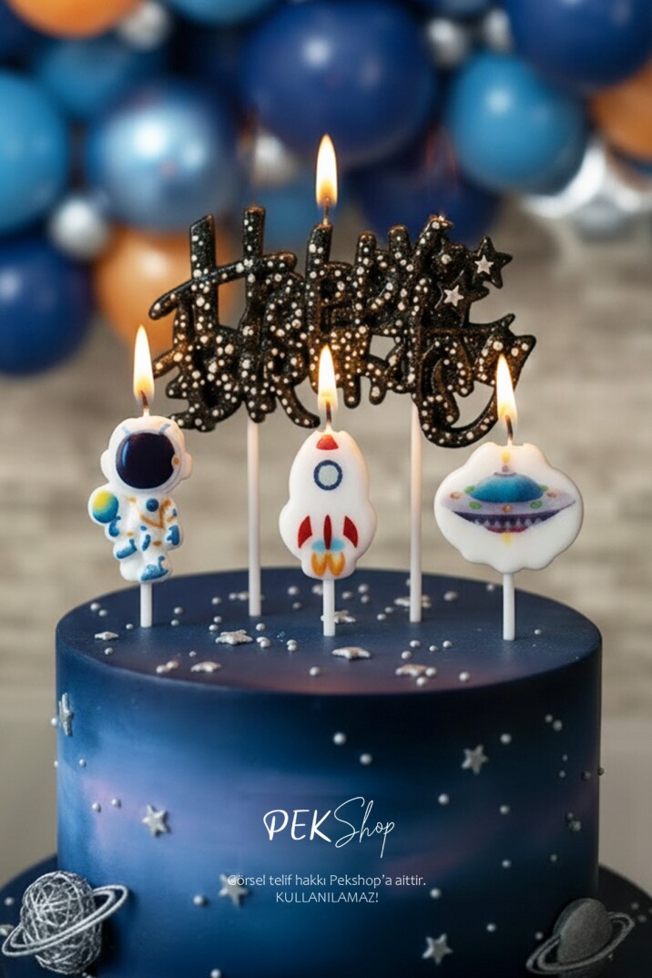 Uzay Tema Happy Birthday Mum Seti 4lü Pasta Mumu - 4