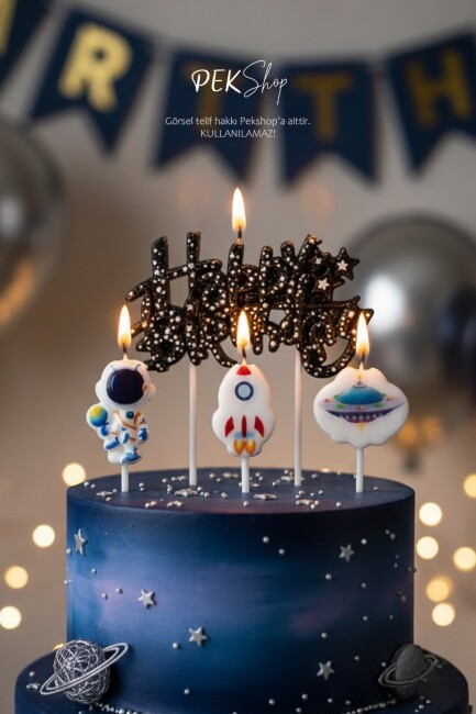 Uzay Tema Happy Birthday Mum Seti 4lü Pasta Mumu