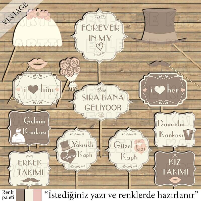 Vintage Gelin Damat Konsept Konuşma Balonları Seti - 1
