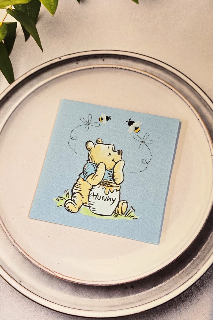 Winnie The Pooh Tema Doğum Günü Peçetesi Mavi Kare Kumaş Dokulu Peçete 12 Adet - 1
