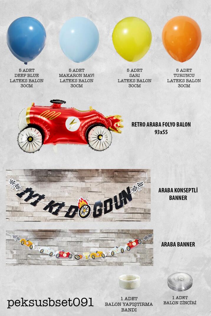 Yarış Arabaları Tema Doğum Günü Balon Zinciri Seti Fon Perdeli Doğum Günü Süsleme Seti - 2