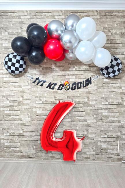 Yarış Temalı Doğum Günü Parti Seti 100cm Yaş Balonlu Bannerlı Doğum Günü Süsleme Seti - 6