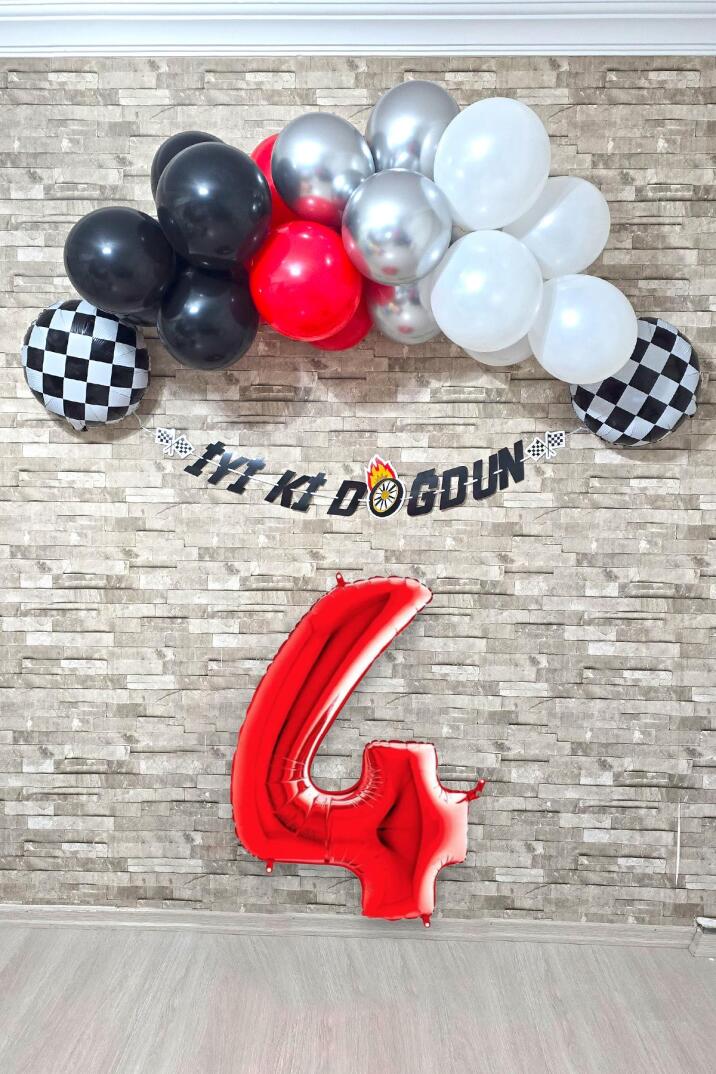 Yarış Temalı Doğum Günü Parti Seti 100cm Yaş Balonlu Bannerlı Doğum Günü Süsleme Seti - 6