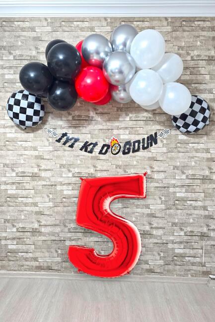 Yarış Temalı Doğum Günü Parti Seti 100cm Yaş Balonlu Bannerlı Doğum Günü Süsleme Seti - 7