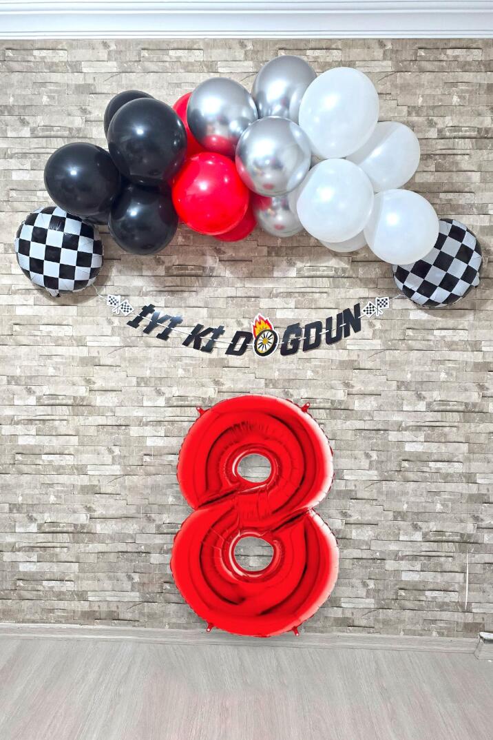 Yarış Temalı Doğum Günü Parti Seti 100cm Yaş Balonlu Bannerlı Doğum Günü Süsleme Seti - 9