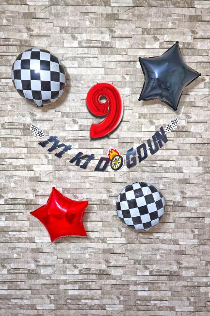 Yarış Temalı Doğum Günü Parti Seti Yaş Balonlu Bannerlı Doğum Günü Süsleme Seti - 9
