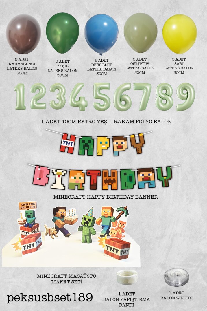 Yaş Balonlu Minecraft Tema Doğum Günü Balon ve Masa Maket Seti - 2