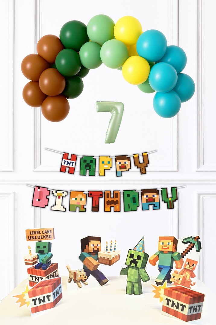 Yaş Balonlu Minecraft Tema Doğum Günü Balon ve Masa Maket Seti - 8