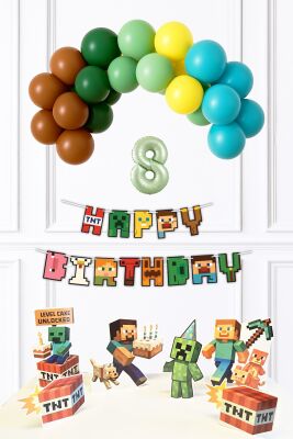 Yaş Balonlu Minecraft Tema Doğum Günü Balon ve Masa Maket Seti - 9