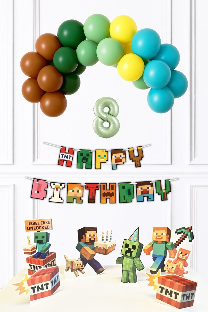 Yaş Balonlu Minecraft Tema Doğum Günü Balon ve Masa Maket Seti - 9