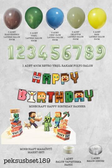 Yaş Balonlu Minecraft Tema Doğum Günü Balon ve Masa Maket Seti - 2