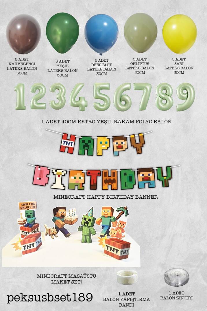 Yaş Balonlu Minecraft Tema Doğum Günü Balon ve Masa Maket Seti - 2