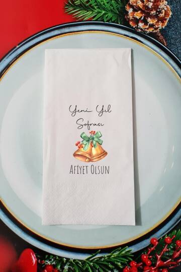 Yeni Yıl Sofrası Yılbaşı Çanları Yazılı Yılbaşı - Yeni Yıl Sunum Peçetesi