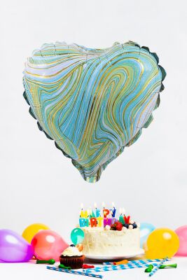 Yeşil Mermer Kalp Folyo Balon Retro Balon Kalp Şekilli 18inç 45cm - 2
