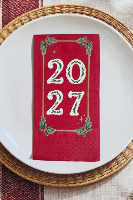 Yeşil Yaprak Detaylı 2027 Baskılı Kırmızı Yılbaşı Peçetesi 12’li Paket