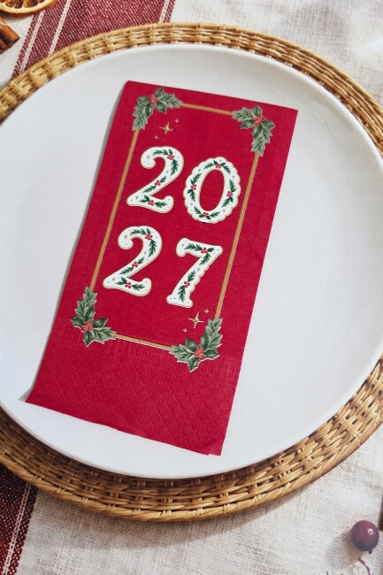 Yeşil Yaprak Detaylı 2027 Baskılı Kırmızı Yılbaşı Peçetesi 12’li Paket - 2