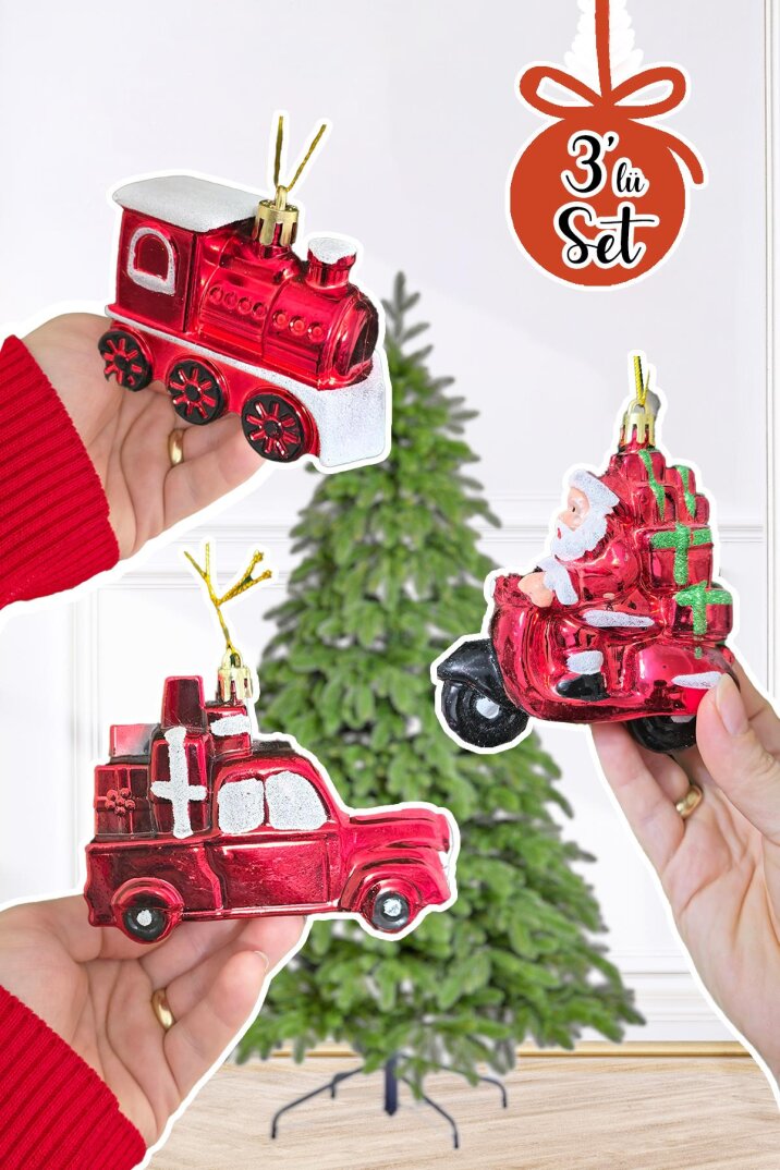 Yılbaşı Ağaç Süsleme Seti Motorsikletli Noel Baba Yılbaşı Arabası ve Tren Lüks Yılbaşı Ağaç Süsü Seti 3lü Paket - 1