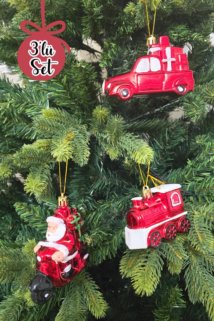 Yılbaşı Ağaç Süsleme Seti Motorsikletli Noel Baba Yılbaşı Arabası ve Tren Lüks Yılbaşı Ağaç Süsü Seti 3lü Paket - 2