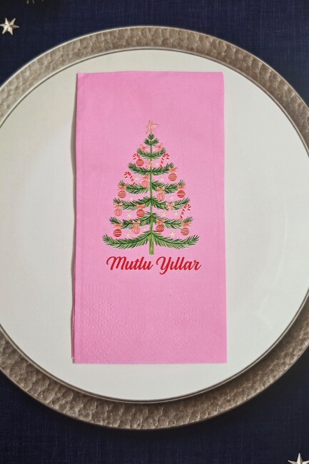 Yılbaşı Ağacı Mutlu Yıllar Baskılı Pembe Yılbaşı Peçetesi 12’li Paket