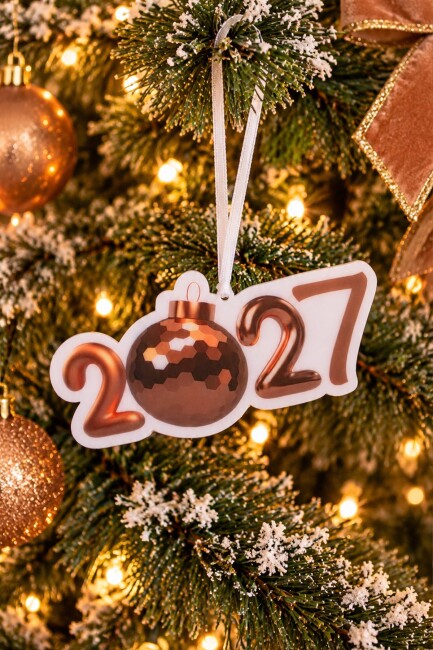 2027 Rose Gold Yılbaşı Topu Tasarımlı Pleksi Çam Ağacı Süsü