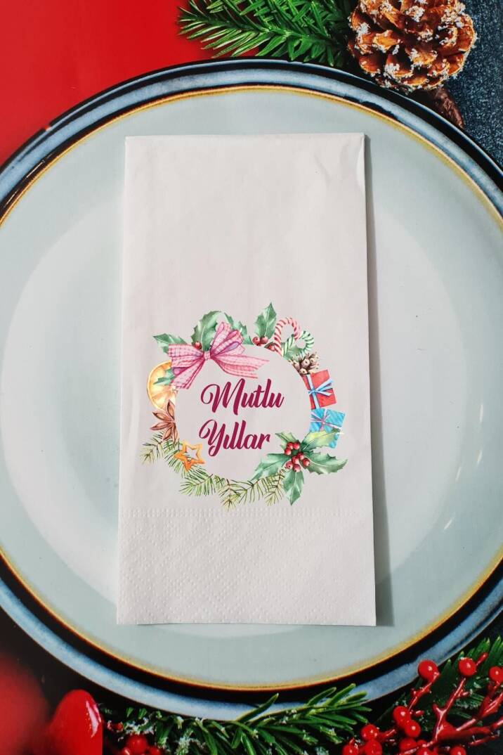 Yılbaşı Çelengi Mutlu Yıllar Yazılı Yılbaşı Sunum Peçetesi - 1