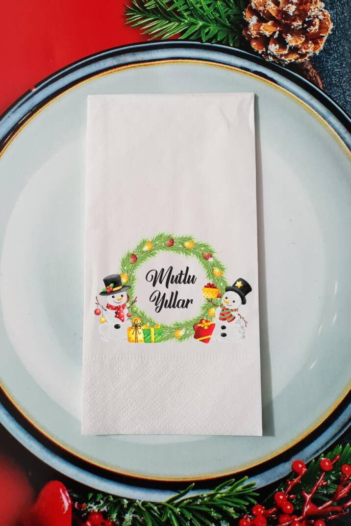 Yılbaşı Çelengi Mutlu Yıllar Yazılı Yılbaşı Sunum Peçetesi - 1