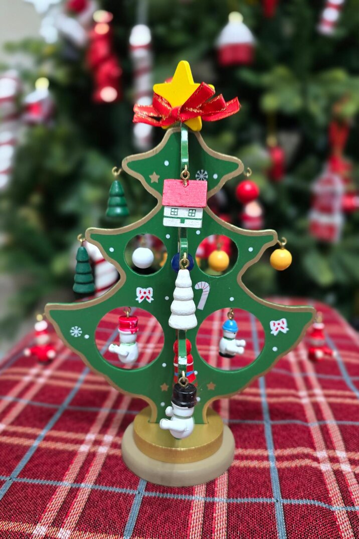 Yılbaşı Dekor Obje Süslemeli Yılbaşı Ağaçı Süs 20 cm Ahşap Yılbaşı Masa Üstü Dekor Ağacı - 2