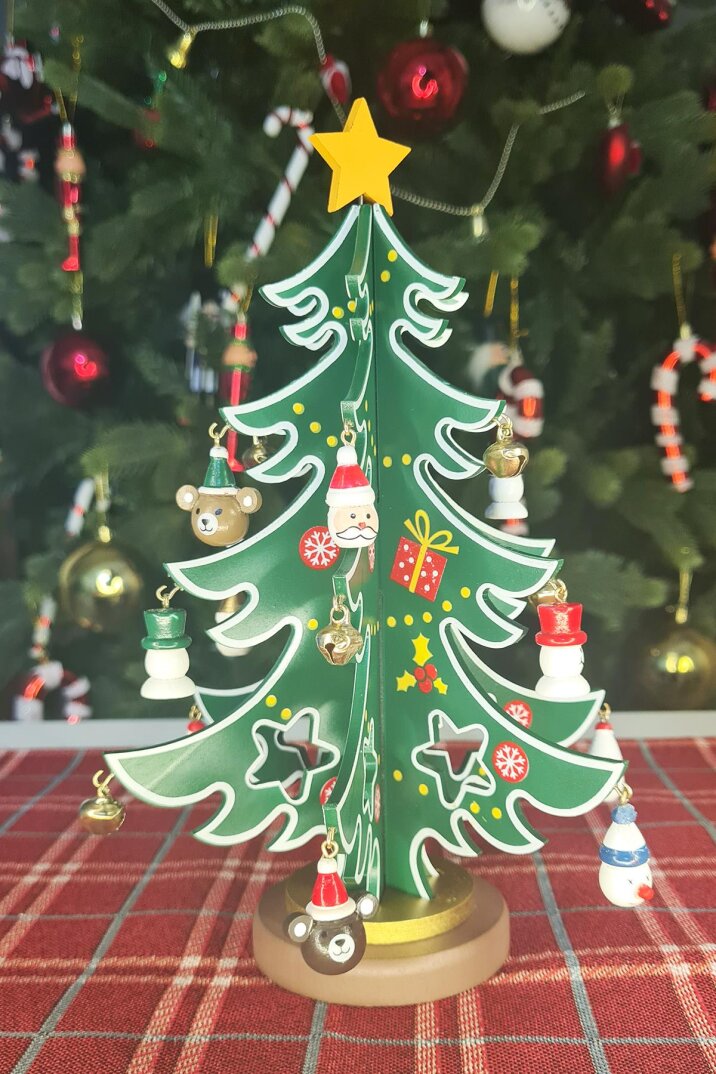 Yılbaşı Dekor Obje Süslemeli Yılbaşı Ağaçı Süs 24 cm Ahşap Yılbaşı Masa Üstü Dekor Ağacı - 5
