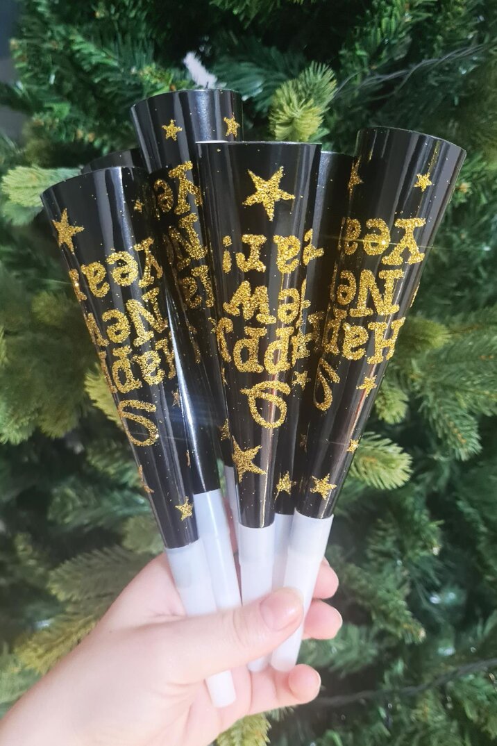 Yılbaşı Düdükleri Gold Lüks Happy New Year Yazılı Gold Simli Uzun Yüksek Sesli Vuvuzela 6'lı - 1