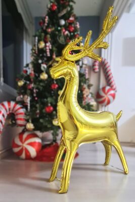 Yılbaşı Gold Geyik Balon Büyük Boy , Ayaklı Yılbaşı Süsü Balonu - 1