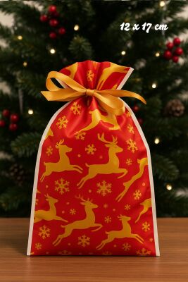 Yılbaşı Hediye Kesesi Geyik Desen Orta Boy Yılbaşı Hediyelik Kese Poşet 12x17cm 5li Paket - 1