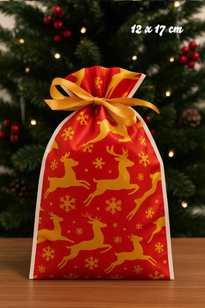 Yılbaşı Hediye Kesesi Geyik Desen Orta Boy Yılbaşı Hediyelik Kese Poşet 12x17cm 5li Paket - 1