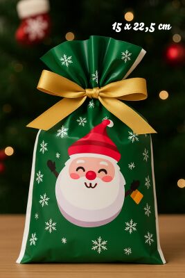 Yılbaşı Hediye Kesesi Noel Baba Desen Büyük Boy Yılbaşı Hediyelik Kese Poşet 15x22,5cm 5li Paket - 1