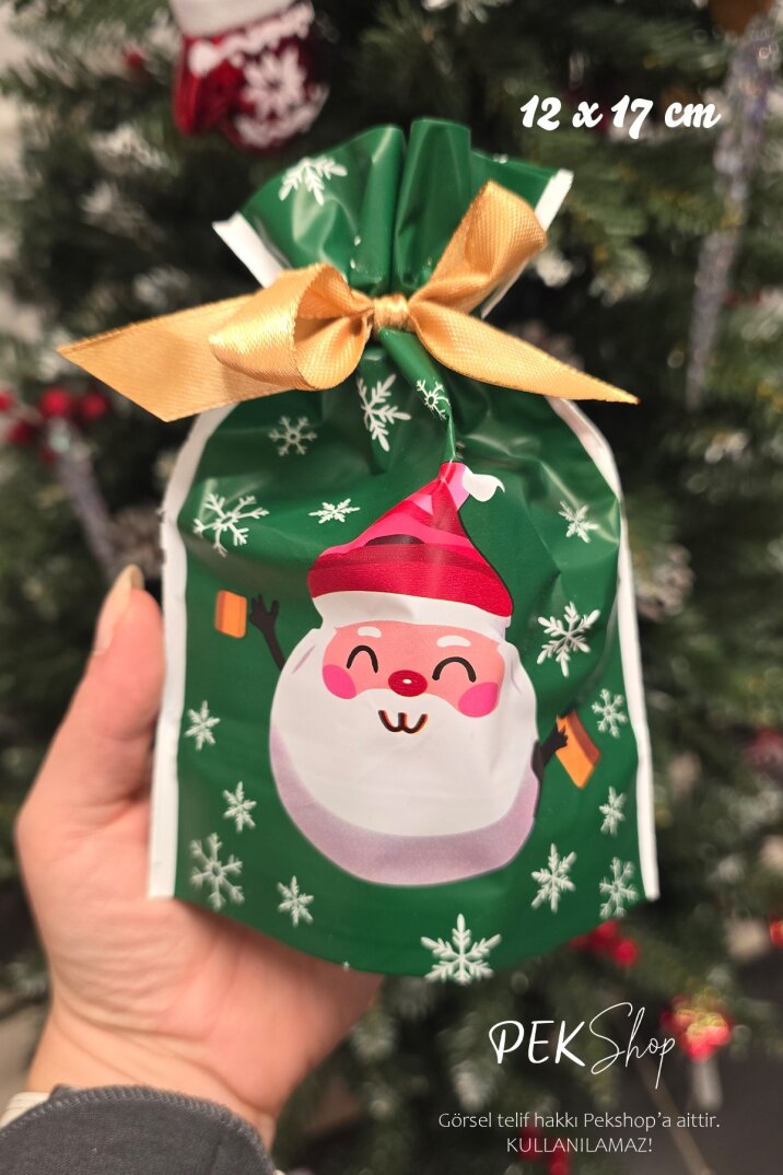 Yılbaşı Hediye Kesesi Noel Baba Desen Orta Boy Yılbaşı Hediyelik Kese Poşet 12x17cm 5li Paket - 1