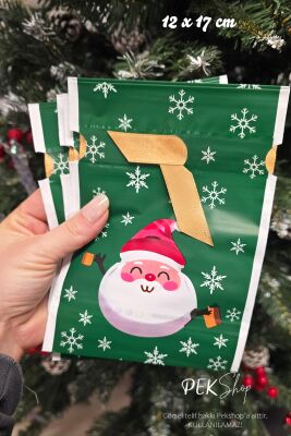 Yılbaşı Hediye Kesesi Noel Baba Desen Orta Boy Yılbaşı Hediyelik Kese Poşet 12x17cm 5li Paket - 2
