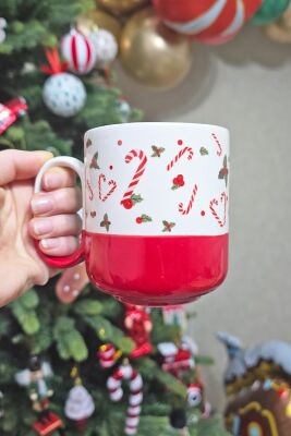 Yılbaşı Kupası Kırmızılı Candy Cane Desenli Baston Şeker Figür Kupa Bardak - 1