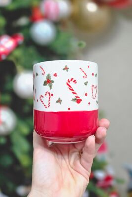 Yılbaşı Kupası Kırmızılı Candy Cane Desenli Baston Şeker Figür Kupa Bardak - 3