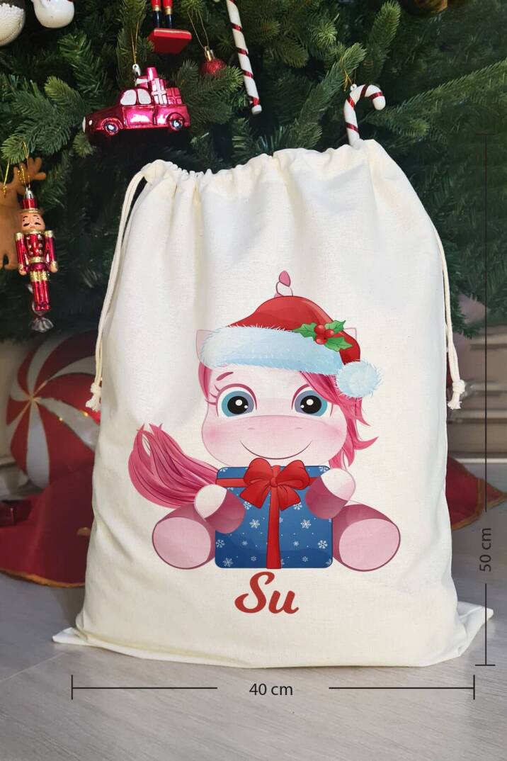 Yılbaşı Şapkalı Unicorn İsme Özel Yılbaşı Hediye Kesesi - 1