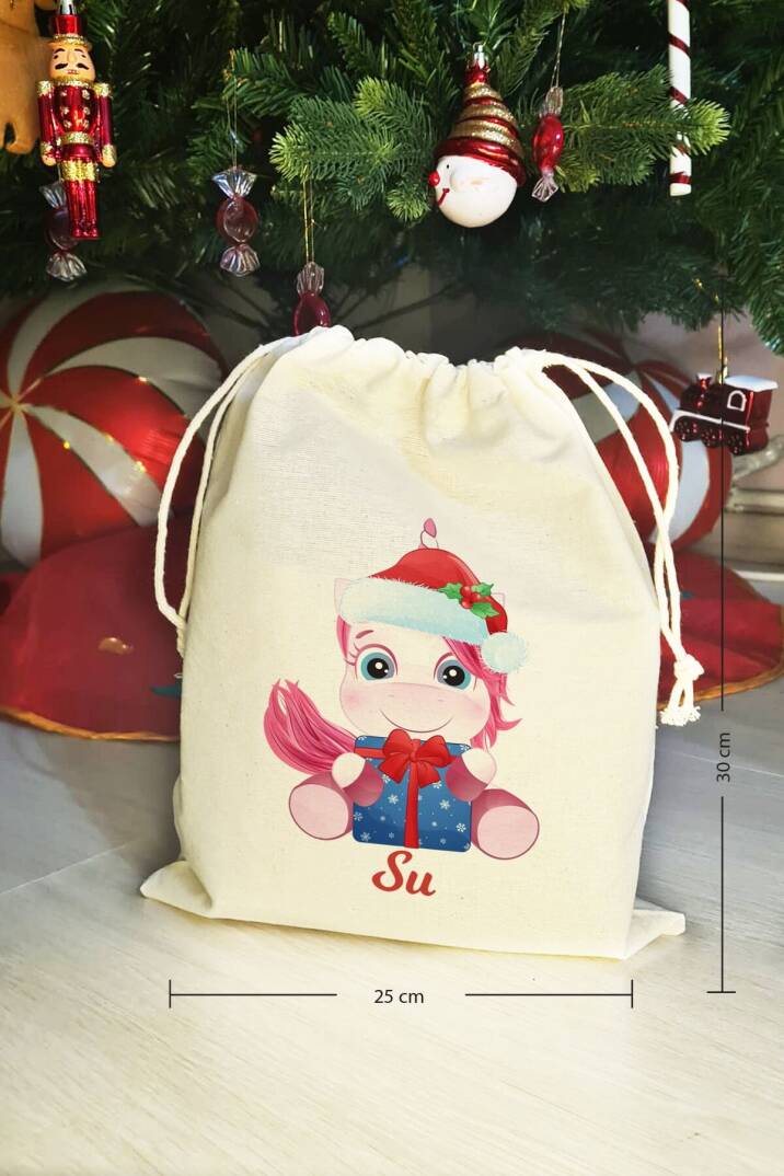 Yılbaşı Şapkalı Unicorn İsme Özel Yılbaşı Hediye Kesesi - 3