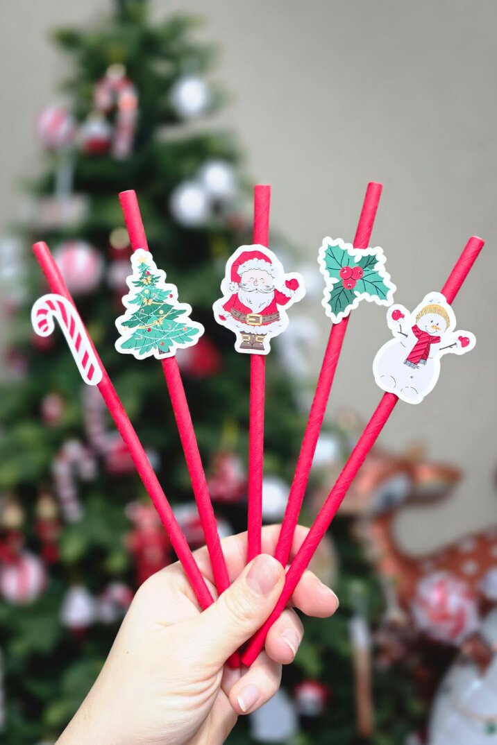 Yılbaşı Temalı Noel Baba Kardan Adam Baston Şeker Süslü Pipetler 10lu Pipet Paketi - 1