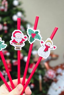 Yılbaşı Temalı Noel Baba Kardan Adam Baston Şeker Süslü Pipetler 10lu Pipet Paketi - 2